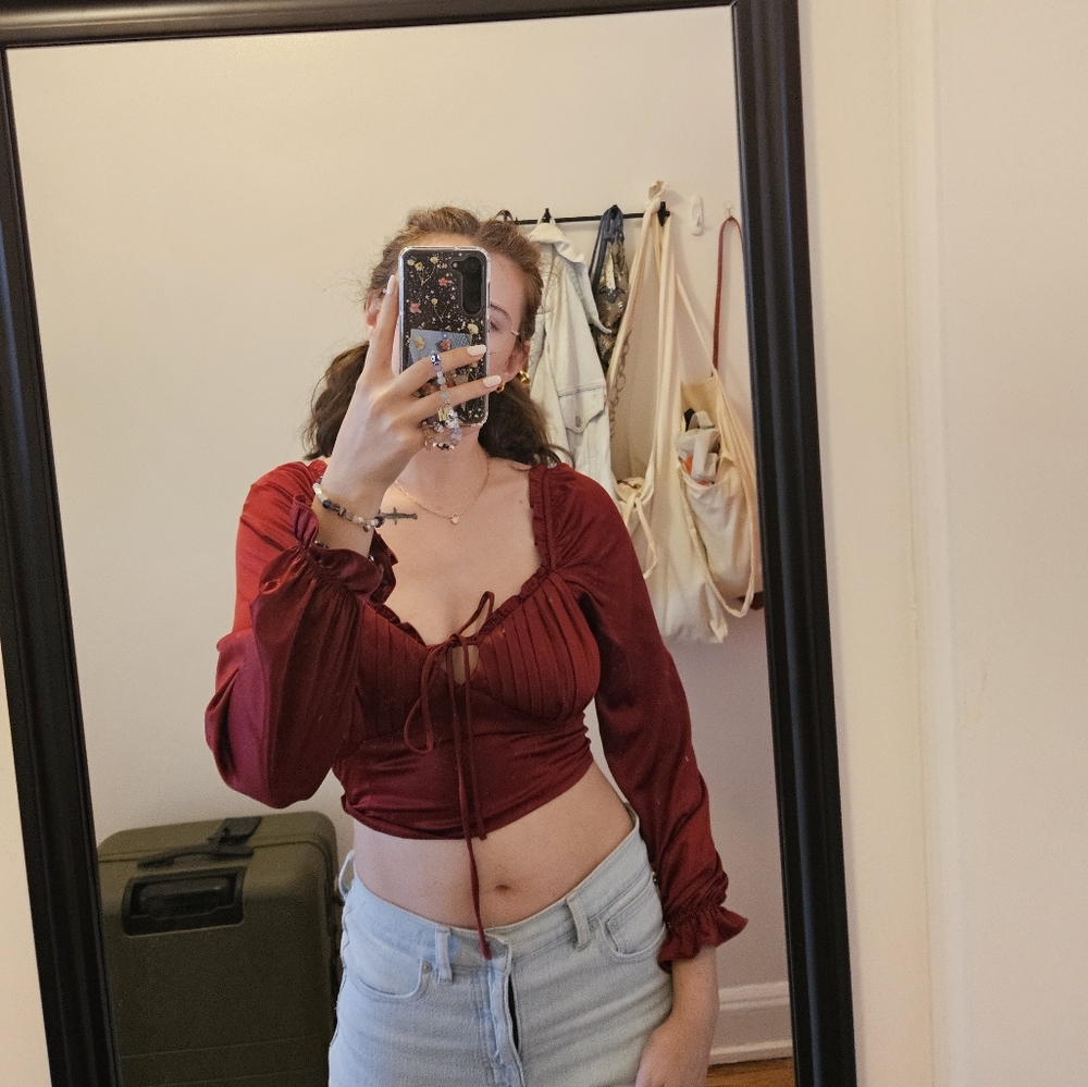 Forever 21 Red Satin Smocked Long Sleeve Blouse Crop Top